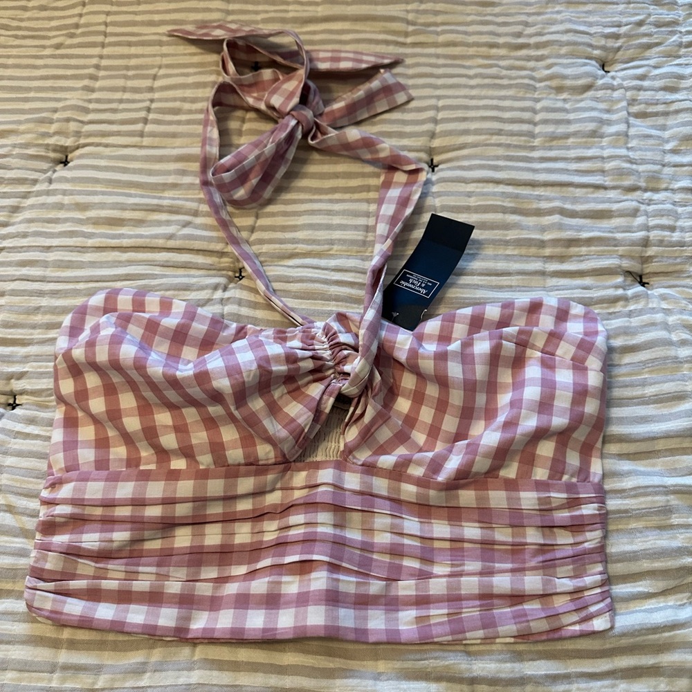 Brand New Abercrombie & Fitch Light Pink and White Plaid Cropped Top